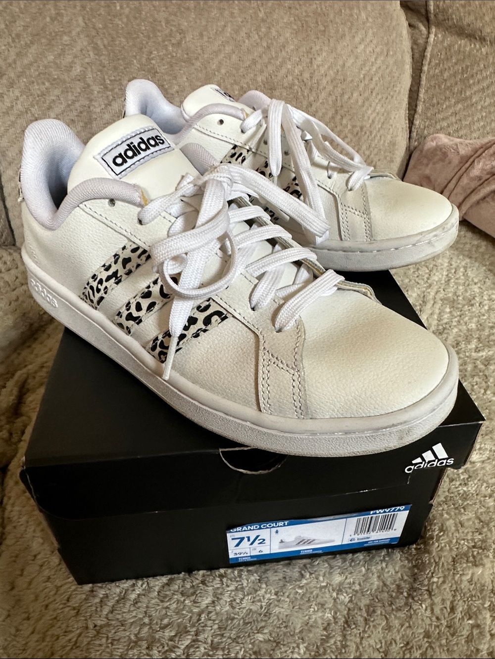 adidas White Sneakers with Black Leopard-Print Stripes